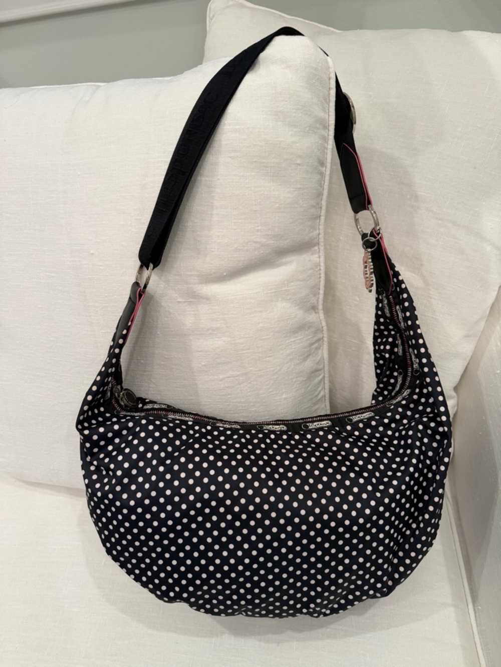 LeSportSac Black Polka Dot Shoulder Bag with Adjustable Strap and leather